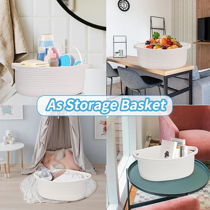 ABenkle Small Basket with Gift Bags and Ribbons, Empty Gift Baskets, Decorative Boho Rope Woven Nursery Storage Organizer Toy Baskets with Handle for Baby Showers, 12"X 8" X 5", White