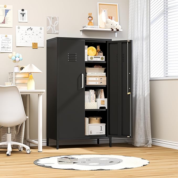 47.24" Metal Storage Locker with Lockable, Employees Metal Steel Locker with 2 Door ＆ 3 Adjustable Shelves, Small Locker Storage Cabinets for Home, School, Office, Gym (Black)