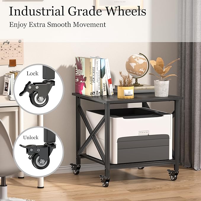 Printer Stand, 23.6 x 23.6 Inches Large Printer Stand with Storage Shelf, 2 Tier Printer Table for Home Office, Rolling Printer Cart with Industrial Wheels, Mini Fridge Stand Table, Black