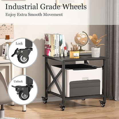 Printer Stand, 23.6 x 23.6 Inches Large Printer Stand with Storage Shelf, 2 Tier Printer Table for Home Office, Rolling Printer Cart with Industrial Wheels, Mini Fridge Stand Table, Black