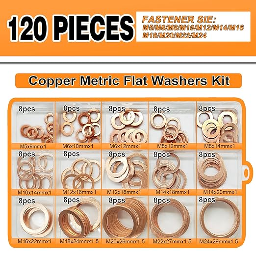 Copper Washers Assortment Kit, Crush Flat Washers for Oil Plugs, Drain Plugs, Banjo Bolts, Copper Sealing Washer Set with 15 Metric Sizes - 120 Pieces- M5, M6, M8, M10, M12, M14, M18, M20, M22, M24