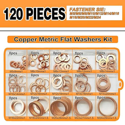 Copper Washers Assortment Kit, Crush Flat Washers for Oil Plugs, Drain Plugs, Banjo Bolts, Copper Sealing Washer Set with 15 Metric Sizes - 120 Pieces- M5, M6, M8, M10, M12, M14, M18, M20, M22, M24