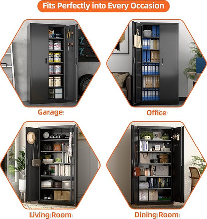 Lockable Garage Storage Cabinet with 5 Adjustable Shelves, 71" H Black Metal Storage Cabinet with 2 Pegboard Doos for Garage, Home, Assembly Required, Black