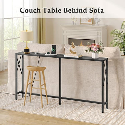 55.1" Narrow Sofa Table, Console Table with Oulets & USB Ports, Entryway Table, Industrial Couch Table for Hallway, Living Room, Bedroom, 6.5 Feet Power Cord,Black