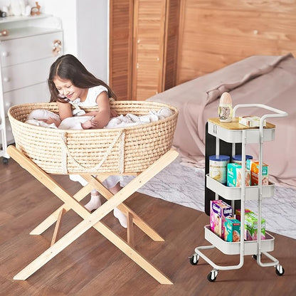DTK 3 Tier Metal Utility Rolling Cart with Table Top and Side Bags, Metal Tray Storage Organizer Cart with Wheels, Art Craft Cart with 4 Hooks for Kitchen Bathroom Office Living Room (White)