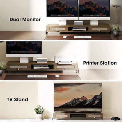 Fenge Dual Monitor Stand for Desk - Long Wooden Riser With Rattan Woven Drawer, 2 Tier Desk Shelf for 2 Monitors, Vintage Computer Stand for Laptop, Printer, TV
