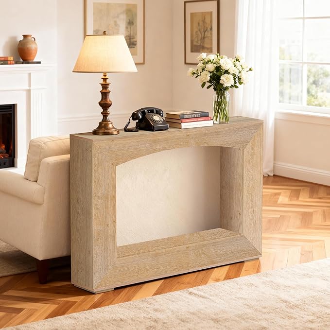 46 Inch Entryway Table U-Shaped, Wooden Console Table with Socket Farmhouse Sofa Table for Entrance, Hallway, Living Room,Behind Couch((Oak Brown)