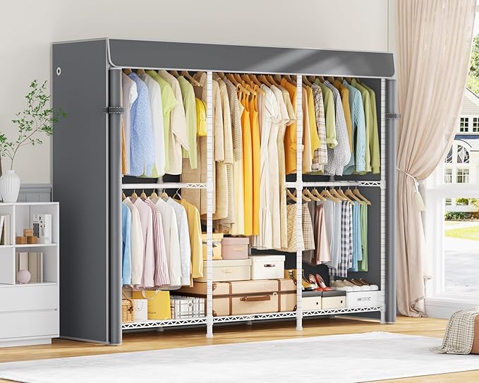 E14C Pro Heavy Duty Closet Organizer System，Freestanding Clothing Racks for Hanging Clothes，Adjustable Garment Rack 70.1"W × 16.6"D × 76.4"H Hold 960 lbs，White Rack with Grey Dustproof Cover