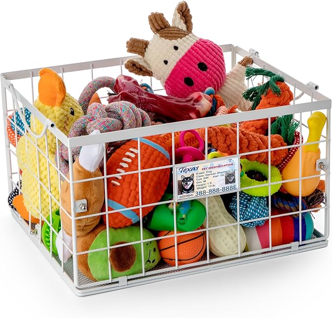 Dog Toy Basket, Dog Toy Storage Bin for Pet,Medium Toy Box for Dogs,Metal Storage Box with Handles,Toy Storage Organizer,Dog Toy Organizer Holder Boxes for Living Room（white）