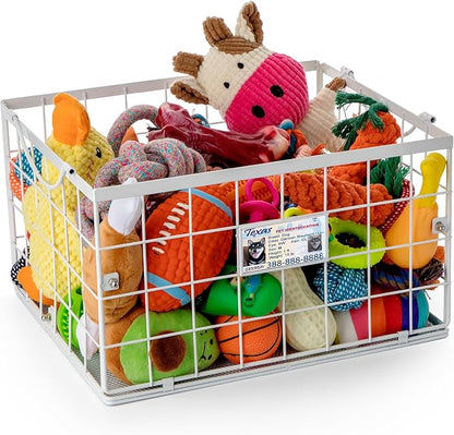 Dog Toy Basket, Dog Toy Storage Bin for Pet,Medium Toy Box for Dogs,Metal Storage Box with Handles,Toy Storage Organizer,Dog Toy Organizer Holder Boxes for Living Room（white）