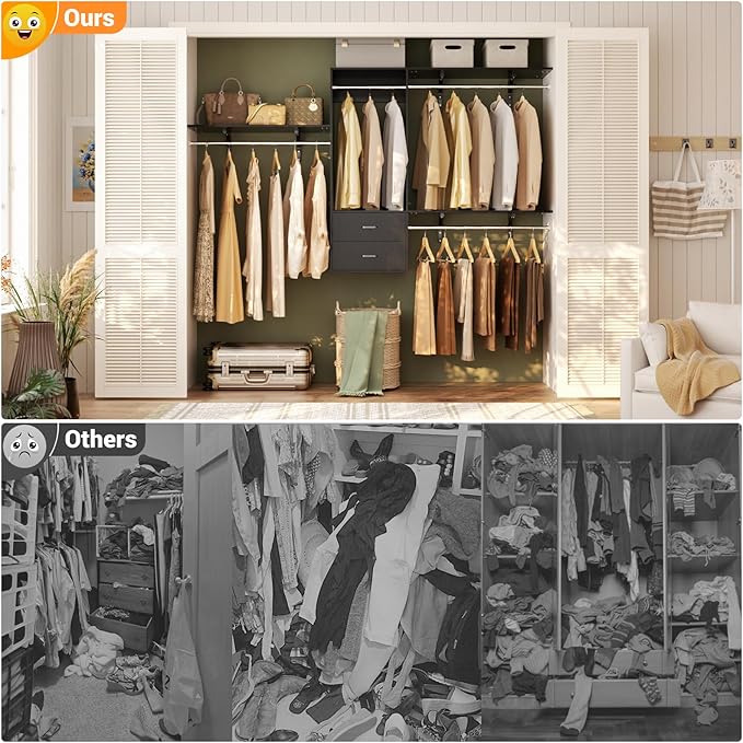 Closet System, 4-8ft Wood Closet Organizer System with 2 Wooden Drawers, Walk-in Wardrobe Clothes Rack with 4 Hanging Rods, Adjustable Heavy Duty Garment Rack,Black