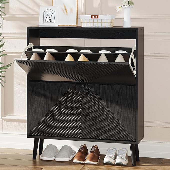 Shoe Cabinet Storage, Farmhouse Freestanding Organizer with 2 Flip Drawers and 4 Wooden feet, Narrow Shoe Rack Cabinet for Entryway, Foyer, Hallway, Black