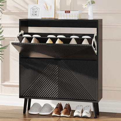 Shoe Cabinet Storage, Farmhouse Freestanding Organizer with 2 Flip Drawers and 4 Wooden feet, Narrow Shoe Rack Cabinet for Entryway, Foyer, Hallway, Black