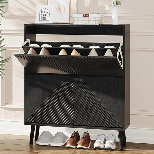 Shoe Cabinet Storage, Farmhouse Freestanding Organizer with 2 Flip Drawers and 4 Wooden feet, Narrow Shoe Rack Cabinet for Entryway, Foyer, Hallway, Black