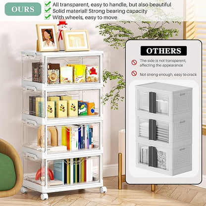 Clear Storage Bins with Lids - 4 Tier Plastic Bins with Wheels, Stackable Storage Bin, Closet Organizers Box for Bedroom, Living Room, 23 QT Folding Box with Magnetic door