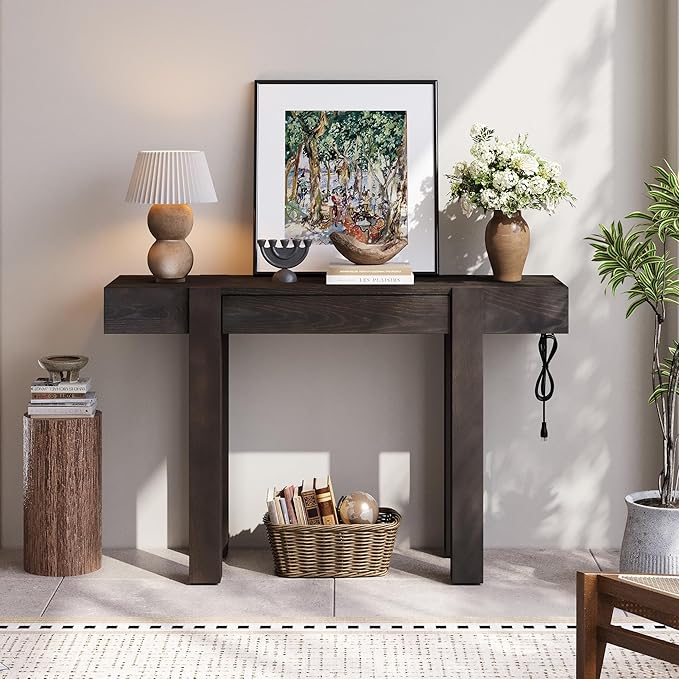 Rustic Minimalist Console Table with Hidden Drawer, Side Power Outlet,Hallway Table for Entryways Living Rooms Home Offices (Espresso#USB)