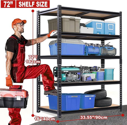 Storage Shelving Unit, 5 Tier Garage Shelves Heavy Duty, Adjustable Metal Shelving Unit,2400LBS Black for Pantry, Basement, Warehouse, Kitchen, Pantry and Closet,72''H