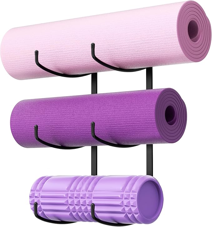 Yoga Mat Holder Wall Mount, 3-Tier Storage Rack for Yoga Mat, Foam Roller, Block, Yoga Accessories, Wall Organizer for Home Gym, Gym, Workout Room, Metal, Black