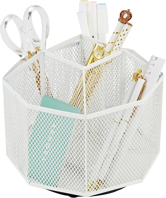 Annova Mesh Desk Organizer Rotate with 5 Compartments Spinning Tidy Candy/Pen Holder Office, Art Supply, Storage, Classroom, Home (White)