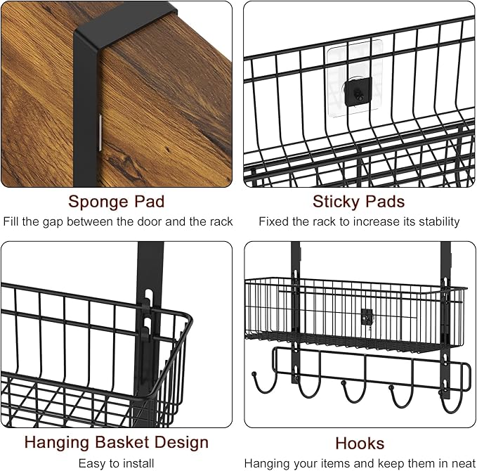 YBING Over The Door Organizer with Hooks 3 Tier Back Towel Hanger Baskets Metal Behind Hanging Storage Shelf Pantry Racks for Bedroom Bathroom Black, R01-R984