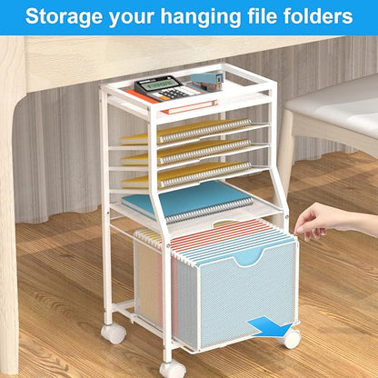 Rolling File Cart, 6-Tier Desk File Organizer on Lockable Wheels, White Wood Planks & Mesh Sliding Hanging Folder Drawer, Organization Cart for Office Home School