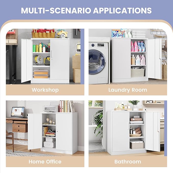 36" H Metal Storage Cabinet, Locked Cabinet with 2 Adjustable Shelves and Doors, Small Metal Tool Cabinet, Garage Storage Cabinet for Home Office, Garage, School, Apartment Warehouse