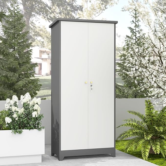 73''H Metal Outdoor Storage Cabinet, Garage Storage Cabinets with Shelves & Lockable Doors, Broom Cabinets for Cleaning Supplies, Waterproof Storage Shed for Garden, Porch（15.4" D x 31.5" W ）
