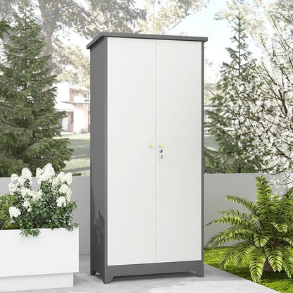 73''H Metal Outdoor Storage Cabinet, Garage Storage Cabinets with Shelves & Lockable Doors, Broom Cabinets for Cleaning Supplies, Waterproof Storage Shed for Garden, Porch（15.4" D x 31.5" W ）