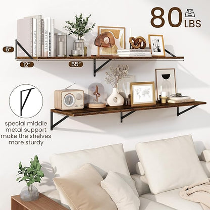 Fun Memories Floating Shelves for Wall, 12 Inch Deep Floating Shelves Set of 2, 55W x 12D Large Wall Shelf with Sturdy Metal Brackets for Living Room, Bathroom, Bedroom and Kitchen, Rustic Brown