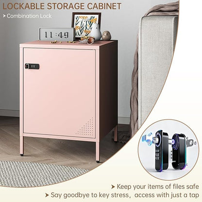 Metal End Table Single Door Bedside Nightstand Lockable Storage Cabinet Kids Locker for Living Room, Bedroom, Dorm,Home, Office 21.26”H X 15.75”W X 15.75”D (1 Door, Pink)