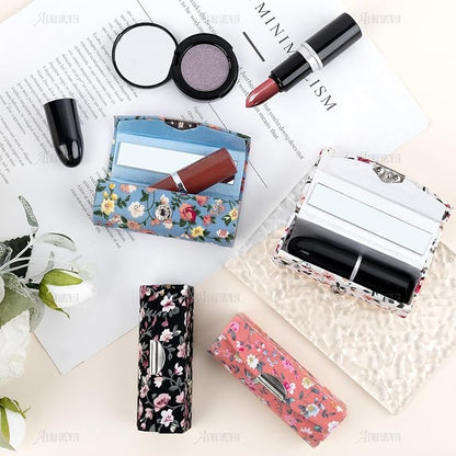 AUEAR, 4 Pack Floral Lipstick Case with Mirror for Purse Travel Holder (Small Flower Pattern)