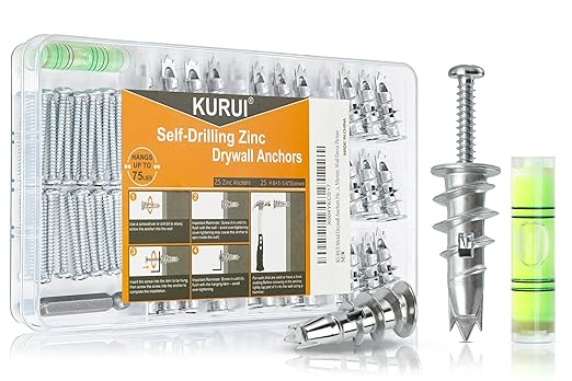 KURUI Heavy Duty Metal Drywall Anchors, 50PCS Zinc Self Drilling Wall Anchors and Screws Kit for Sheetrock, Hollow Walls, Hanging Shelves, Mirrors, Wall Decor for Home Decor & Home Improvement