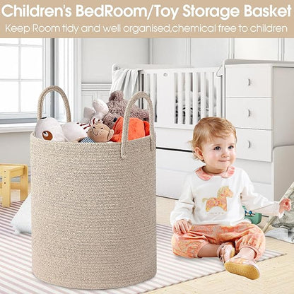 Large Woven Laundry Basket Hamper,Cotton Rope Storage Basket with Handles, 60L Capacity, 15x20 Inch, Beige, Woven Rope Basket Organizer for Laundry, Toys, Blankets