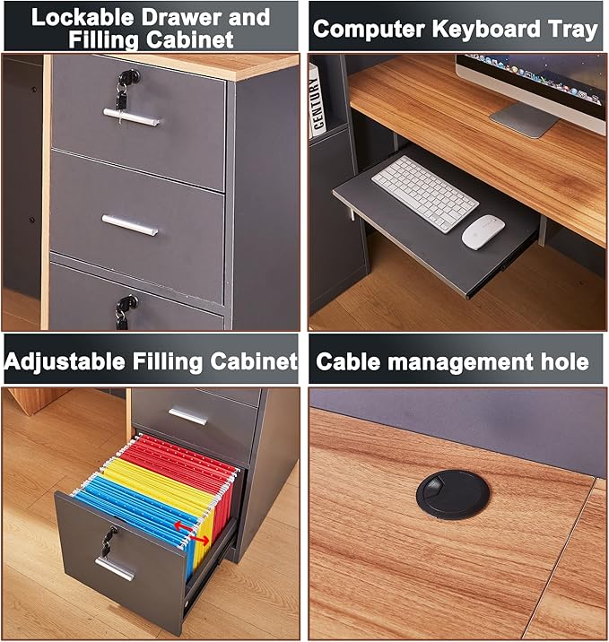 L Shaped Reception Desk with Lockable Drawers and Adjustable Filling Cabinet,Modern Front Desk Reception Counter with Keyboard Tray and Storage Cabinet for Checkout,Lobby,Beauty Salon