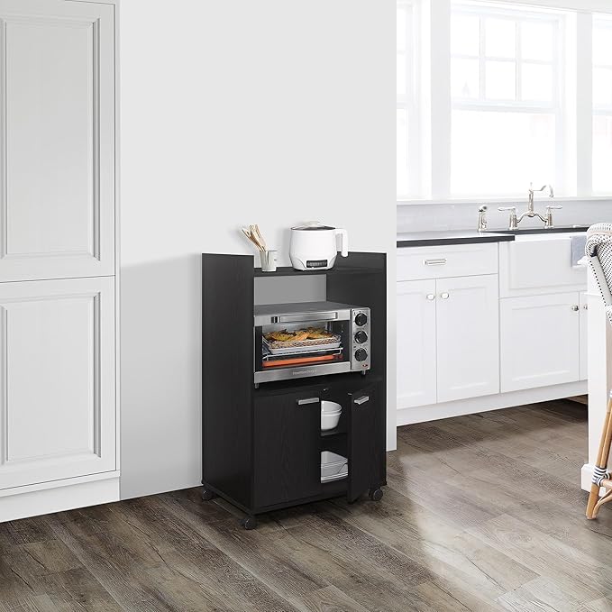 Kings Brand Furniture Ayla Microwave Cabinet with Storage and Upper Shelf for Kitchen Appliances - 2 Door Cabinet Kitchen Storage Cart - Wood Kitchen Cart with Lockable Castors Wheels – Black