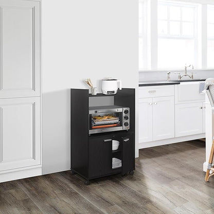 Kings Brand Furniture Ayla Microwave Cabinet with Storage and Upper Shelf for Kitchen Appliances - 2 Door Cabinet Kitchen Storage Cart - Wood Kitchen Cart with Lockable Castors Wheels – Black