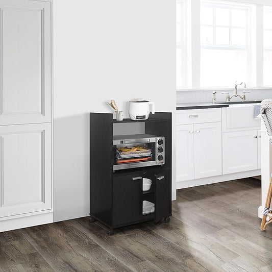 Kings Brand Furniture Ayla Microwave Cabinet with Storage and Upper Shelf for Kitchen Appliances - 2 Door Cabinet Kitchen Storage Cart - Wood Kitchen Cart with Lockable Castors Wheels – Black