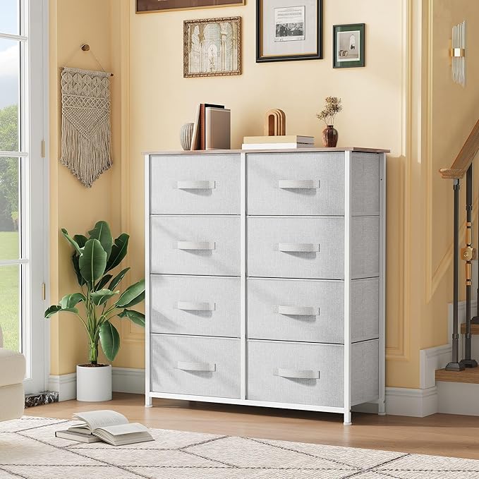 DWVO Fabric Dresser for Bedroom, Tall Dresser with 8 Drawers, Storage Tower with Fabric Bins, Chest of Drawers for Closet & Living Room - Sturdy Steel Frame, Wooden Top
