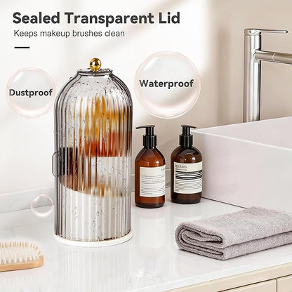 360° Rotating Makeup Brush Holder with Lid, Waterproof Three-Compartment Makeup Organizer, 180° Side-Pull Door Desk Organizer, Dustproof Brush Holder for Vanity and Bathroom (Grey)