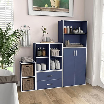 Homes: Inside + Out Apexa 4-Cube Storage Organizer Shelves, Stackable Wood Bookcase Fits Cubby Bins for Organization, Dorm Teen Room Decor & Home Office, Steel Blue