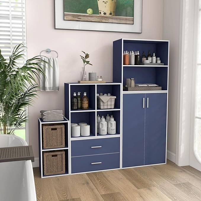 Homes: Inside + Out Apexa 2-Tier Cube Storage Organizer Shelves, Stackable Wood Bookcase Fits Cubby Bins for Organization, Dorm Teen Room Decor & Home Office, Steel Blue