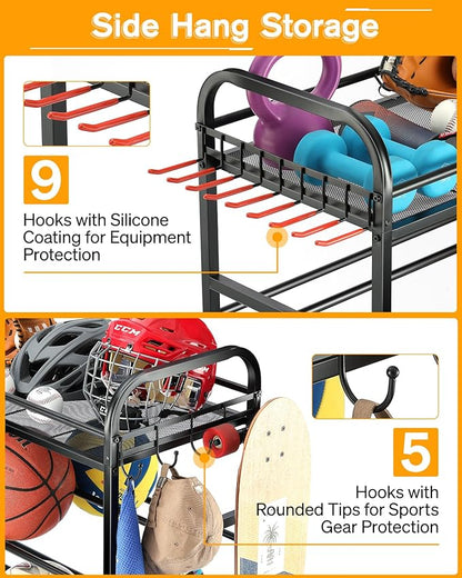Garage Sports Equipment Organizer - Rolling Ball Storage Bin with Wheels, Garage Sports Gear Rack Outdoor Basketball Racks for Balls with Baseball Bat Holder and Hooks, Toy Organizer