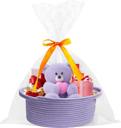Pro Goleem Small Woven Basket with Gift Bags and Ribbons Durable Baskets for Gifts Empty Small Rope Basket for Storage 12"X 8" X 5" Baby Toy Basket with Handles, purple