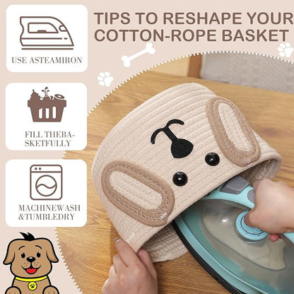 Zopeal Dog Woven Basket, 7.9" D x 6" H Cotton Rope Toy Storage Organizer, Dog Mom Gift Empty, Cute Laundry Puppy Gift Animal Basket for Clothes, Towels, Toy, Laundry, Bathroom, Home(Khaki, Beige)