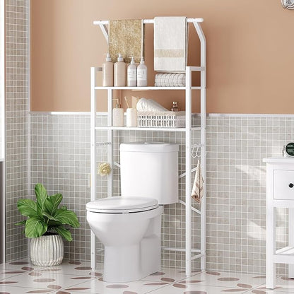 2-Tier Over The Toilet Storage, Multifunctional Vertical Over Toilet Bathroom Organizer, Freestanding Bathroom Storage Shelves with Hooks, Bathroom Organizer, Rustic Brown and Black TR01WT