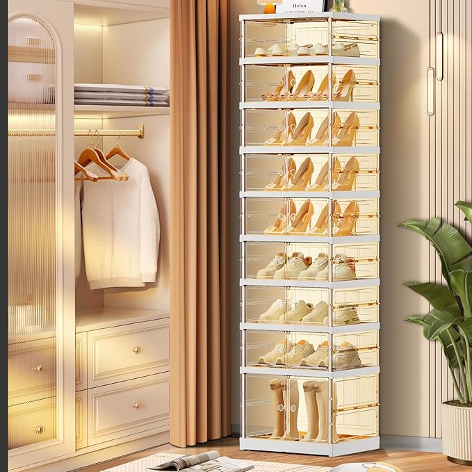 9-Tier Foldable Shoe Rack for Closet Entryway 9-18Pairs,Stackable Clear Shoe Storage Boxes Organizer with Door Plastic Small Shoe Cabinet Bins with Lids Narrow Shoe Shelf Easy Assembly