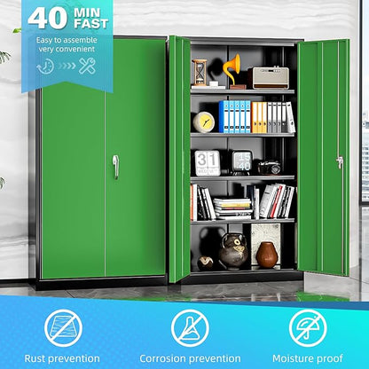 Bonusall Garage Cabinet with Lock, 2 Doors Metal Storage Cabinets with 4 Adjustable Shelves, Lockable Steel Cabinet for Home Office, Warehouse，School(Black Green)