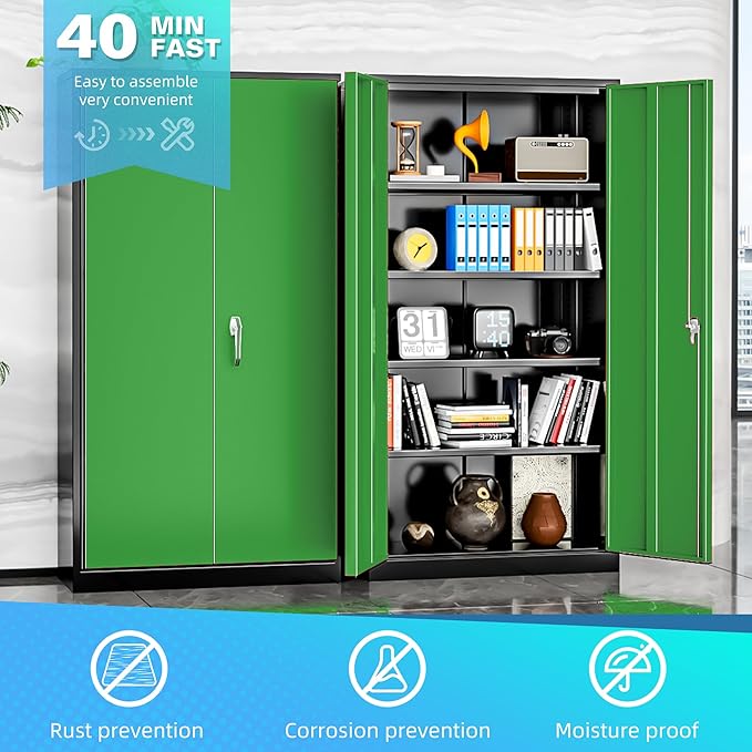 Bonusall Mental Garage Cabinets with 2 Doors and 4 Shelves, Locking Cabinet with for Tool，Steel Garage Storage Cabinets for Home Office, Warehouse，School(Black Green)