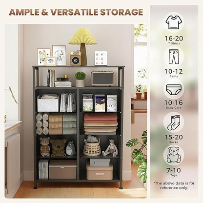 DUMOS Fabric Dresser for Bedroom with 8 Drawers, Tall 8-Drawer Chest of Drawers with Raised Shelf, Storage Tower with Fabric Bins for Closet Organization, Hallway Storage, Black Wood Grain Print