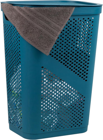 Mind Reader Slim Laundry Hamper with Lid, 60L Clothes Basket, Ventilated Plastic, Blue